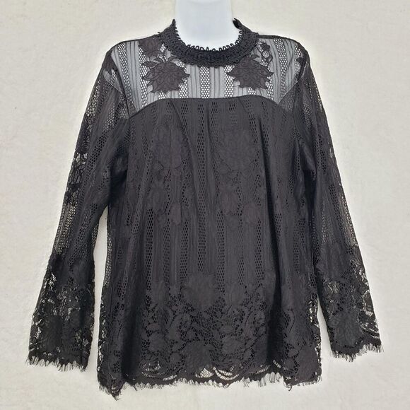 Ultra Pink Blouse Women Large Black Lace Sheer Fairy Faerie long sleeve Goth - Picture 1 of 10